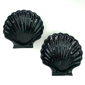 Vintage Sea Shell Soap Dish x 2 Black Speckled Trinket MCM Beach Ocean Decor